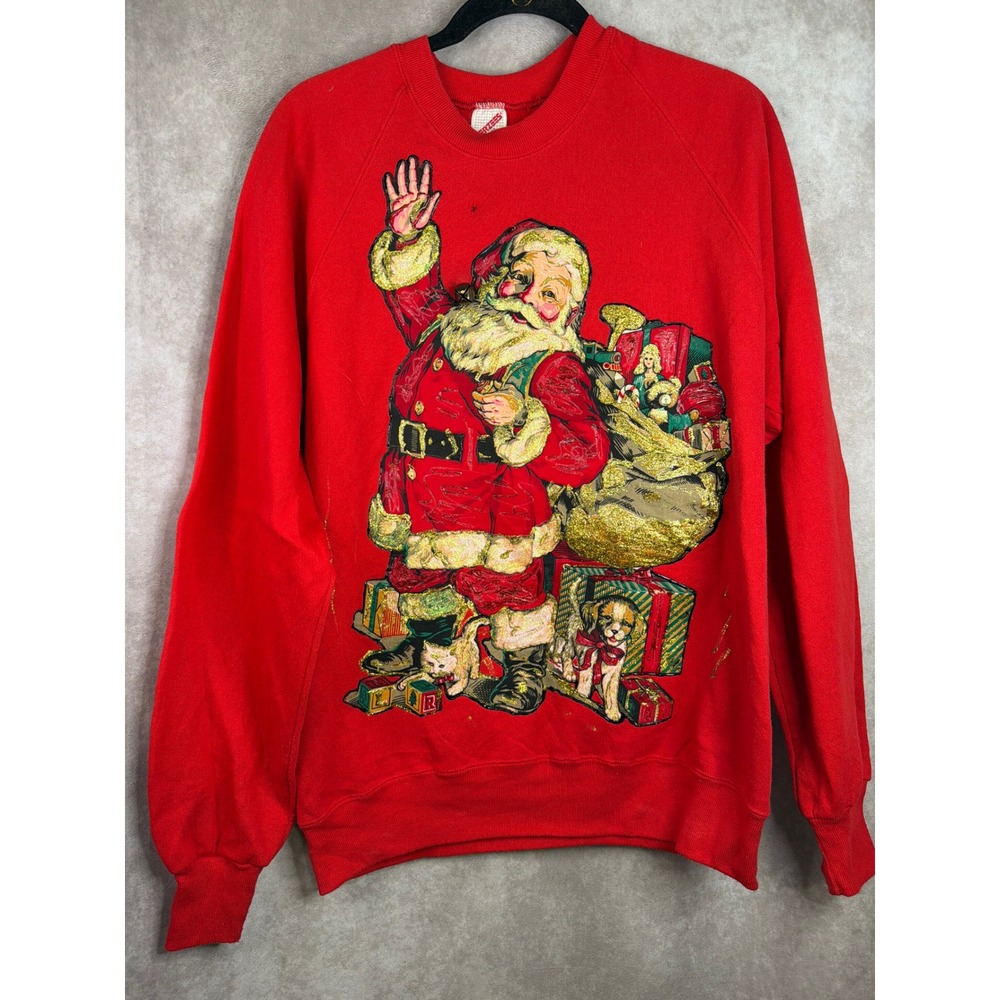 VTG 90s Handmade Jerzees Sweatshirt XL Red Santa Claus Glitter Jingle Bell USA